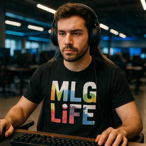 Lifestyle shot of the "Mlg Life" black esports t shirt design in a real-world setting
