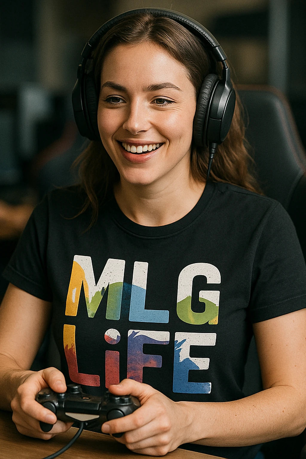 "Mlg Life" black esports t shirt design, photographed as esport lover gift