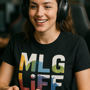 "Mlg Life" black esports t shirt design, photographed as esport lover gift