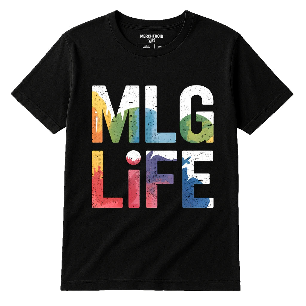 Black Esports T Shirt Design - "Mlg Life" graphic tee with gray print, flat lay product photo