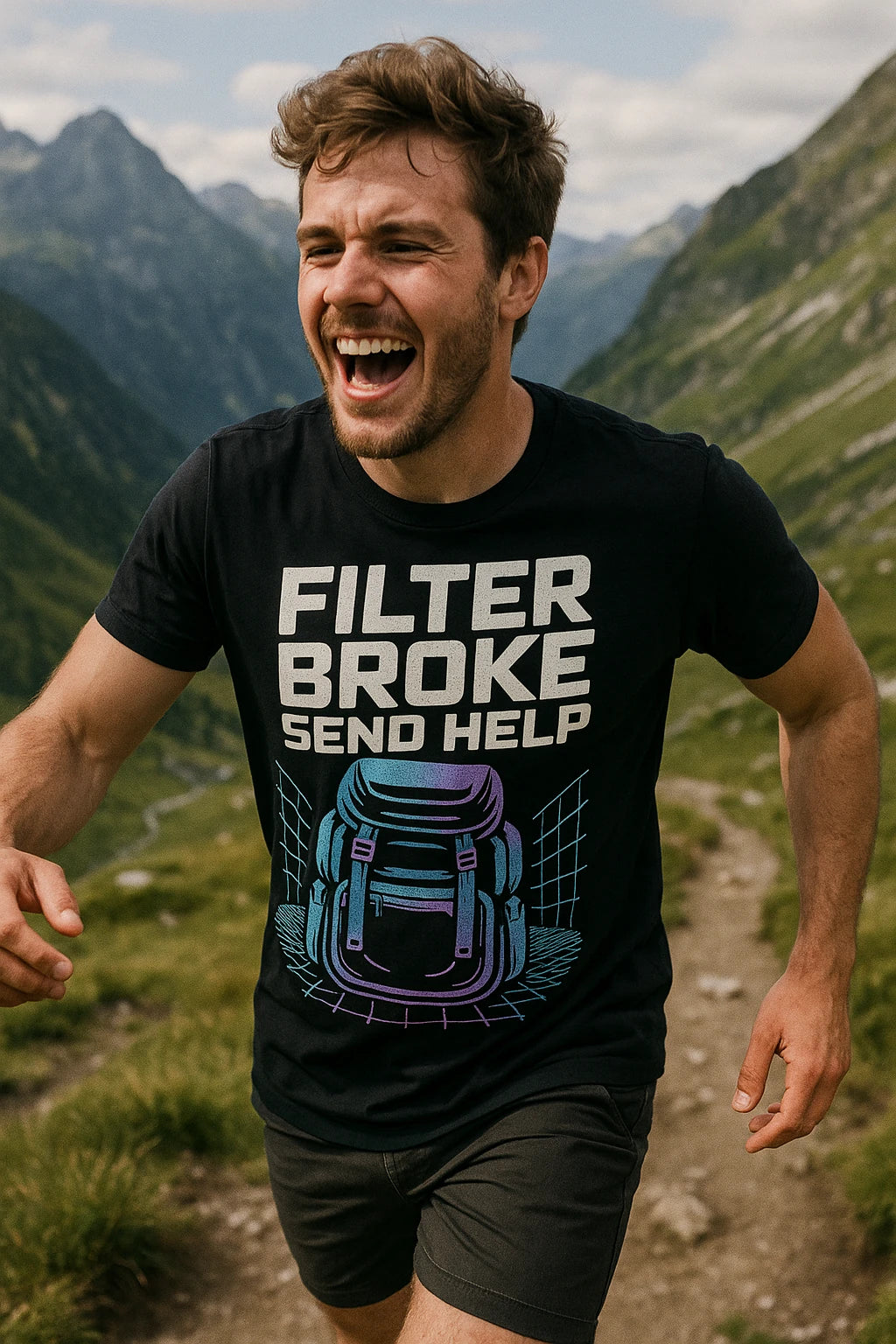 "Filter Broke Send Help" black backpacking shirts - also one of the best merino wool shirt for backpacking