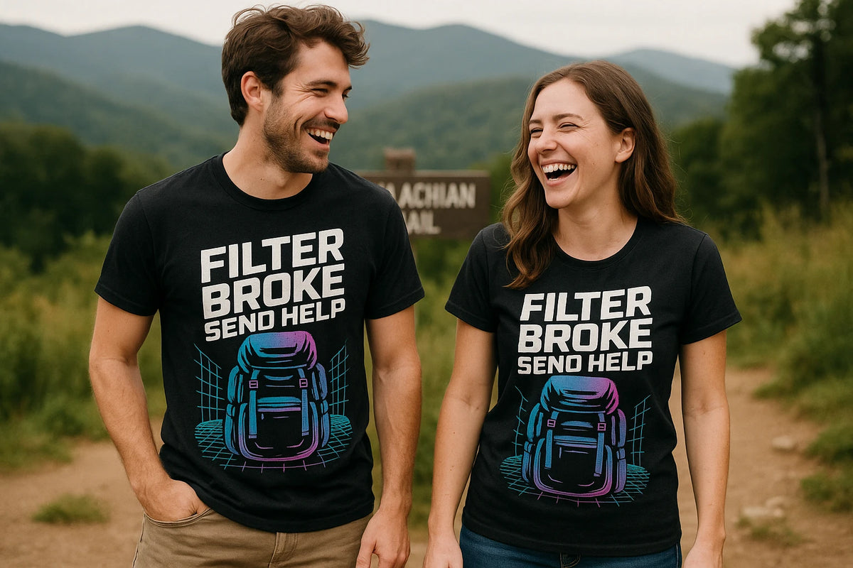 Person wearing the black backpacking shirts graphic tee - "Filter Broke Send Help" design