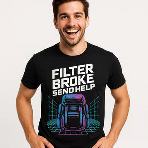 Close-up of the "Filter Broke Send Help" gray print on a premium Bella+Canvas black backpacking shirts