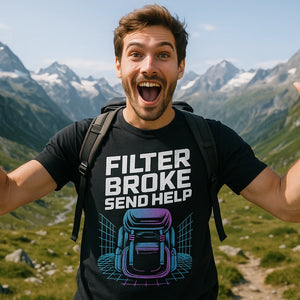 Lifestyle shot of the "Filter Broke Send Help" black backpacking shirts in a real-world setting