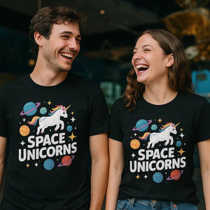Person wearing the black space exploration t shirt graphic tee - "Space Unicorns" design