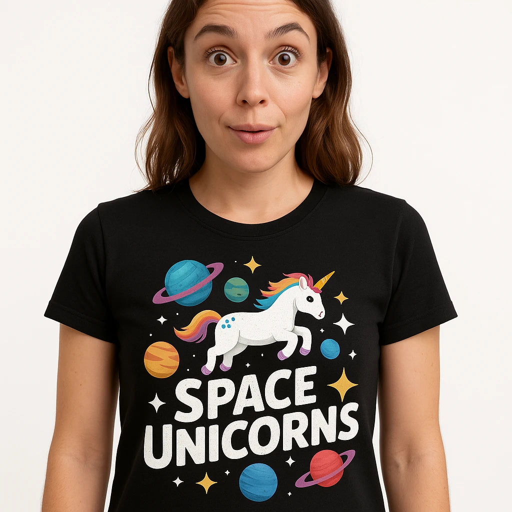 Close-up of the "Space Unicorns" white print on a premium Bella+Canvas black space exploration t shirt
