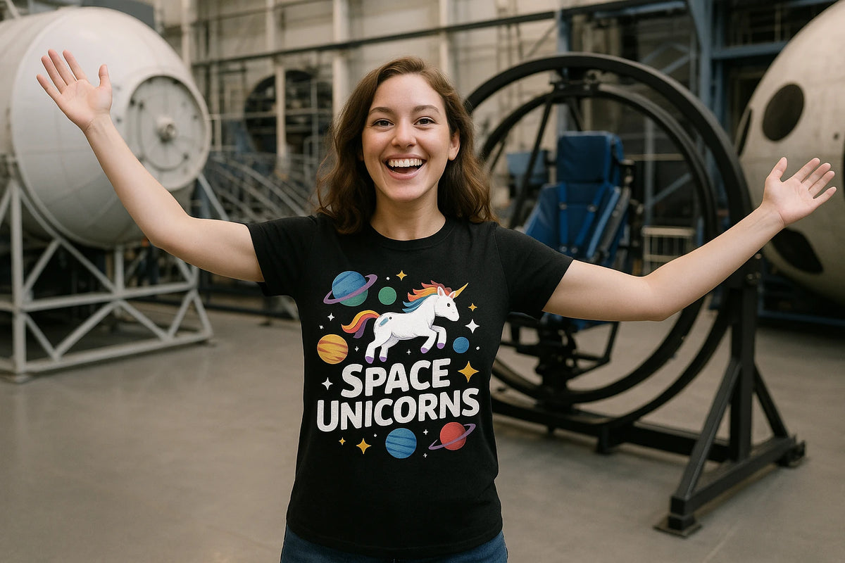 Lifestyle shot of the "Space Unicorns" black space exploration t shirt in a real-world setting