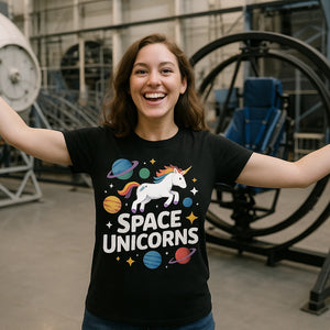 Lifestyle shot of the "Space Unicorns" black space exploration t shirt in a real-world setting