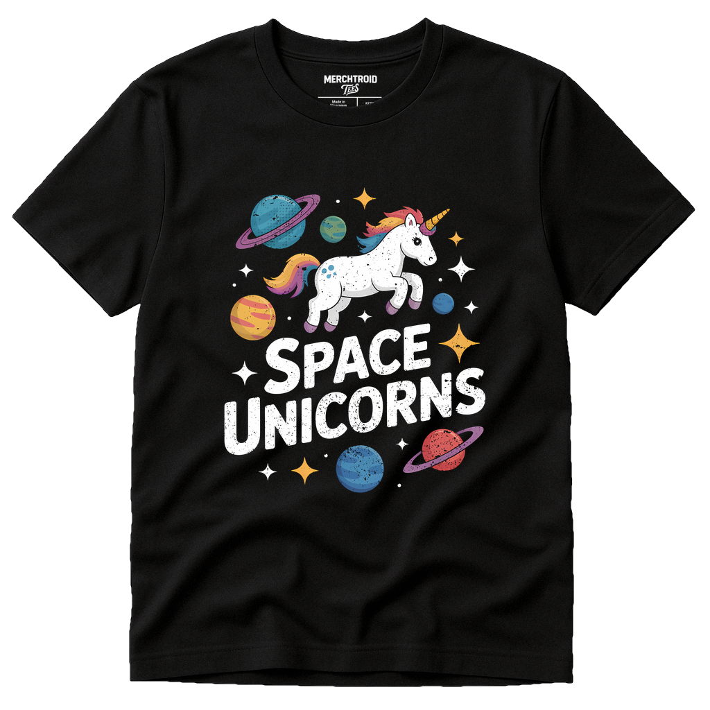 Black Space Exploration T Shirt - "Space Unicorns" graphic tee with white print, flat lay product photo