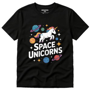 Black Space Exploration T Shirt - "Space Unicorns" graphic tee with white print, flat lay product photo