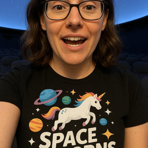 "Space Unicorns" black space exploration t shirt, photographed as space exploration lover gift