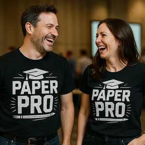 Person wearing the black teacher t shirt graphic tee - "Paper Pro" design