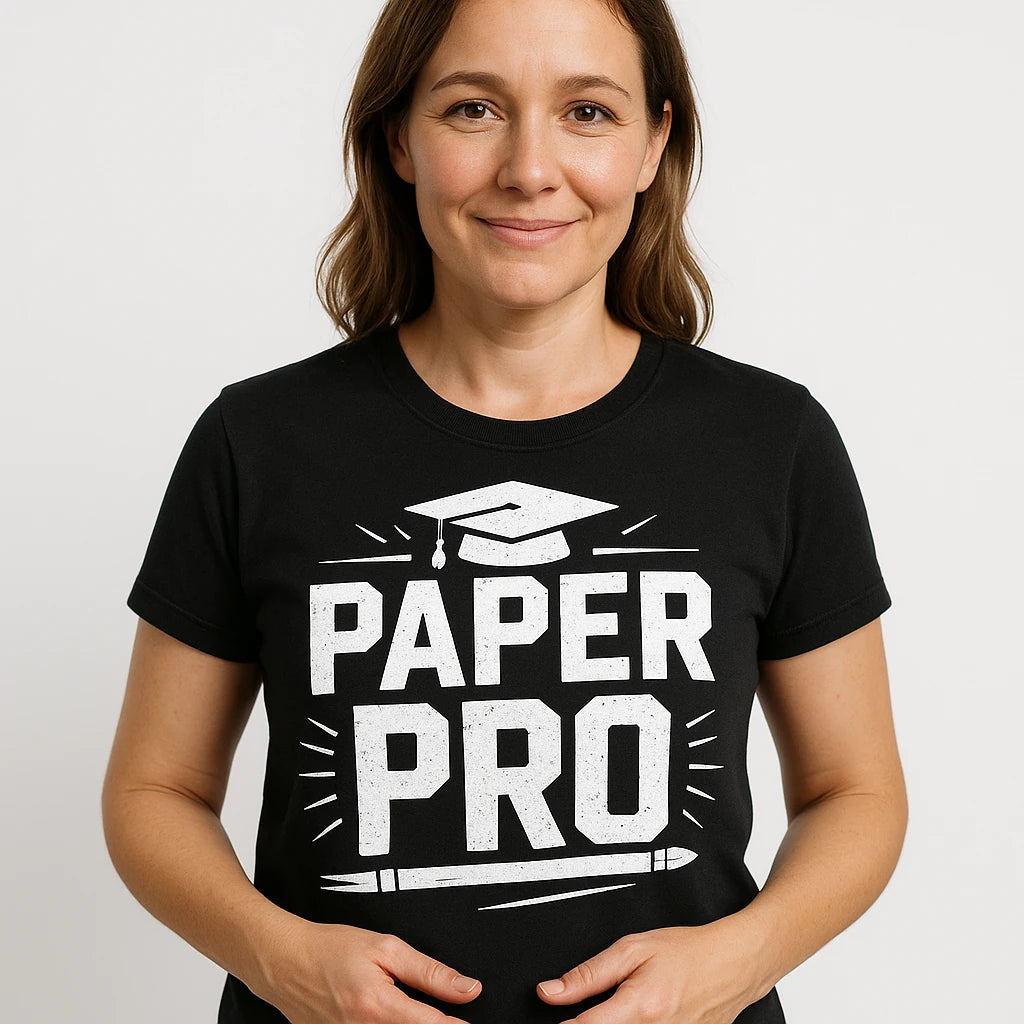 Close-up of the "Paper Pro" white print on a premium Bella+Canvas black teacher t shirt