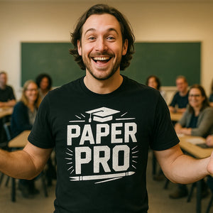 Lifestyle shot of the "Paper Pro" black teacher t shirt in a real-world setting