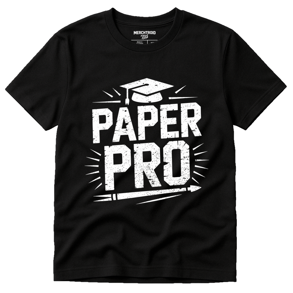 Black Teacher T Shirt - "Paper Pro" graphic tee with white print, flat lay product photo