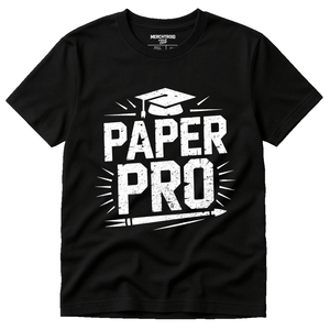 Black Teacher T Shirt - "Paper Pro" graphic tee with white print, flat lay product photo