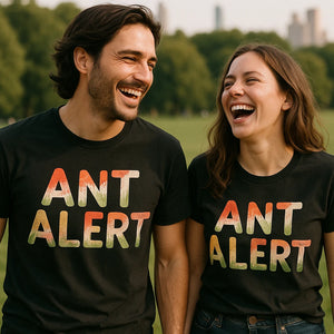 Person wearing the black picnicking t shirt graphic tee - "Ant Alert" design