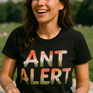 "Ant Alert" black picnicking t shirt, photographed as picnicking lover gift