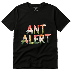 Black Picnicking T Shirt - "Ant Alert" graphic tee with gray print, flat lay product photo