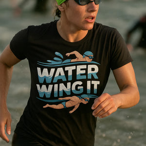 "Water Wing It" black swimming t shirt men - also a rash guard for swimming