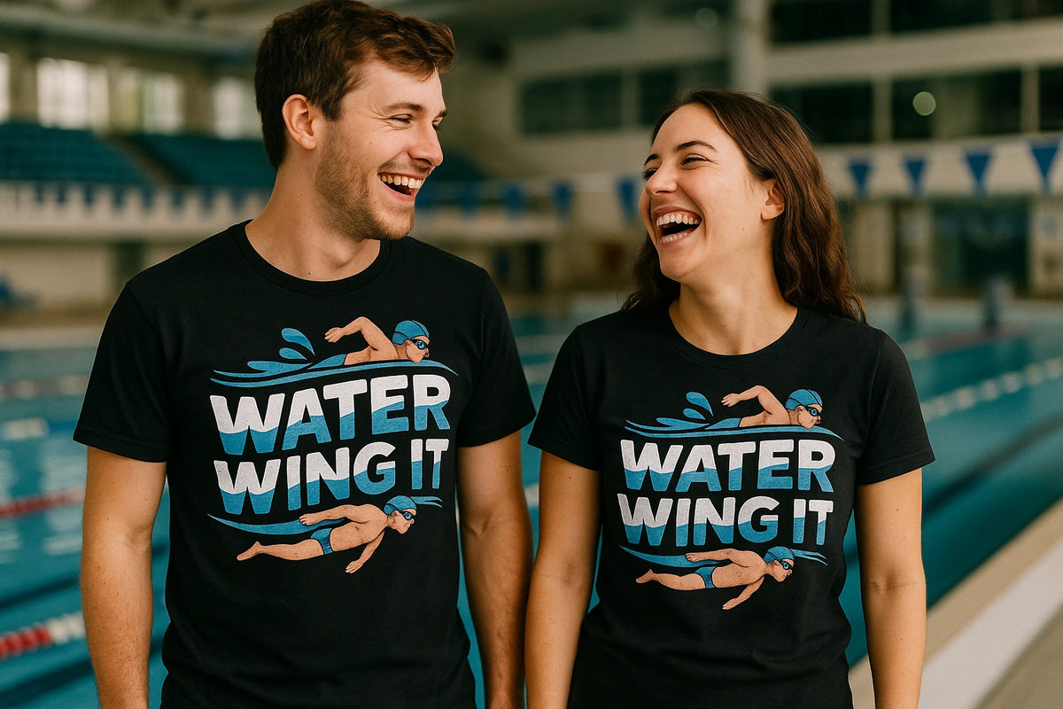 Person wearing the black swimming t shirt men graphic tee - "Water Wing It" design