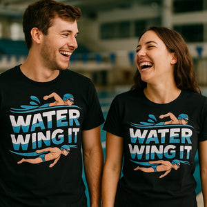 Person wearing the black swimming t shirt men graphic tee - "Water Wing It" design