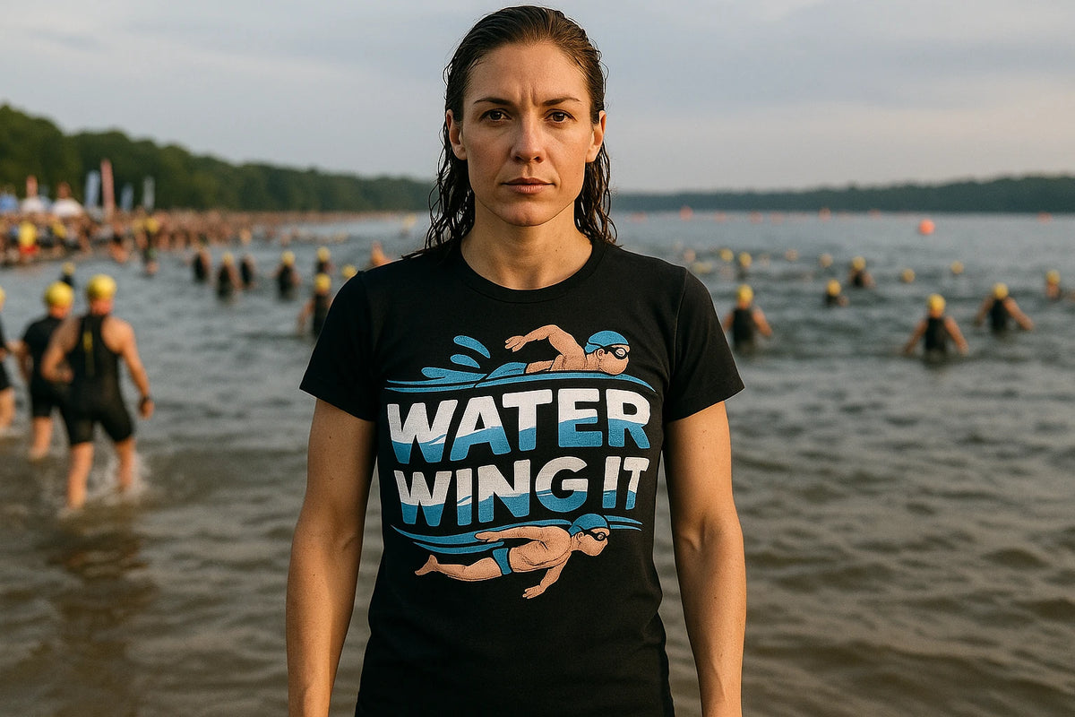 Lifestyle shot of the "Water Wing It" black swimming t shirt men in a real-world setting
