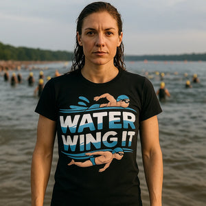 Lifestyle shot of the "Water Wing It" black swimming t shirt men in a real-world setting