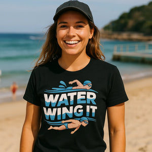 "Water Wing It" black swimming t shirt men - also one of the best women's rash guard for swimming