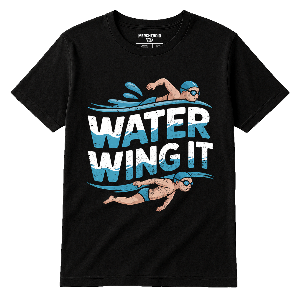 Black Swimming T Shirt Men - "Water Wing It" graphic tee with cream print, flat lay product photo