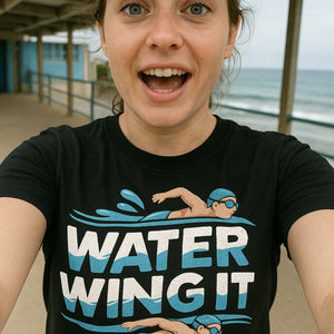 "Water Wing It" black swimming t shirt men - also a wet shirt for swimming