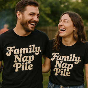 Person wearing the black family life t shirt graphic tee - "Family Nap Pile" design