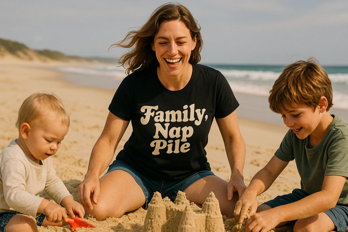 Lifestyle shot of the "Family Nap Pile" black family life t shirt in a real-world setting