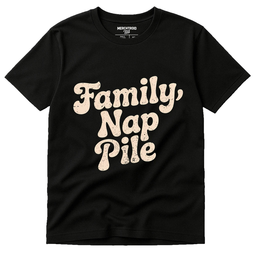 Black Family Life T Shirt - "Family Nap Pile" graphic tee with cream print, flat lay product photo