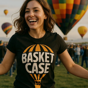 "Basket Case" black hot air balloon t shirt - a birthday gift for hot air balloon lover