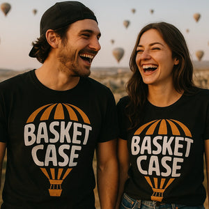 Person wearing the black hot air balloon t shirt graphic tee - "Basket Case" design