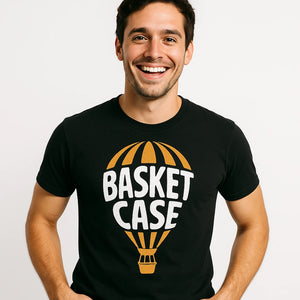 Close-up of the "Basket Case" white print on a premium Bella+Canvas black hot air balloon t shirt