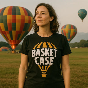 Lifestyle shot of the "Basket Case" black hot air balloon t shirt in a real-world setting