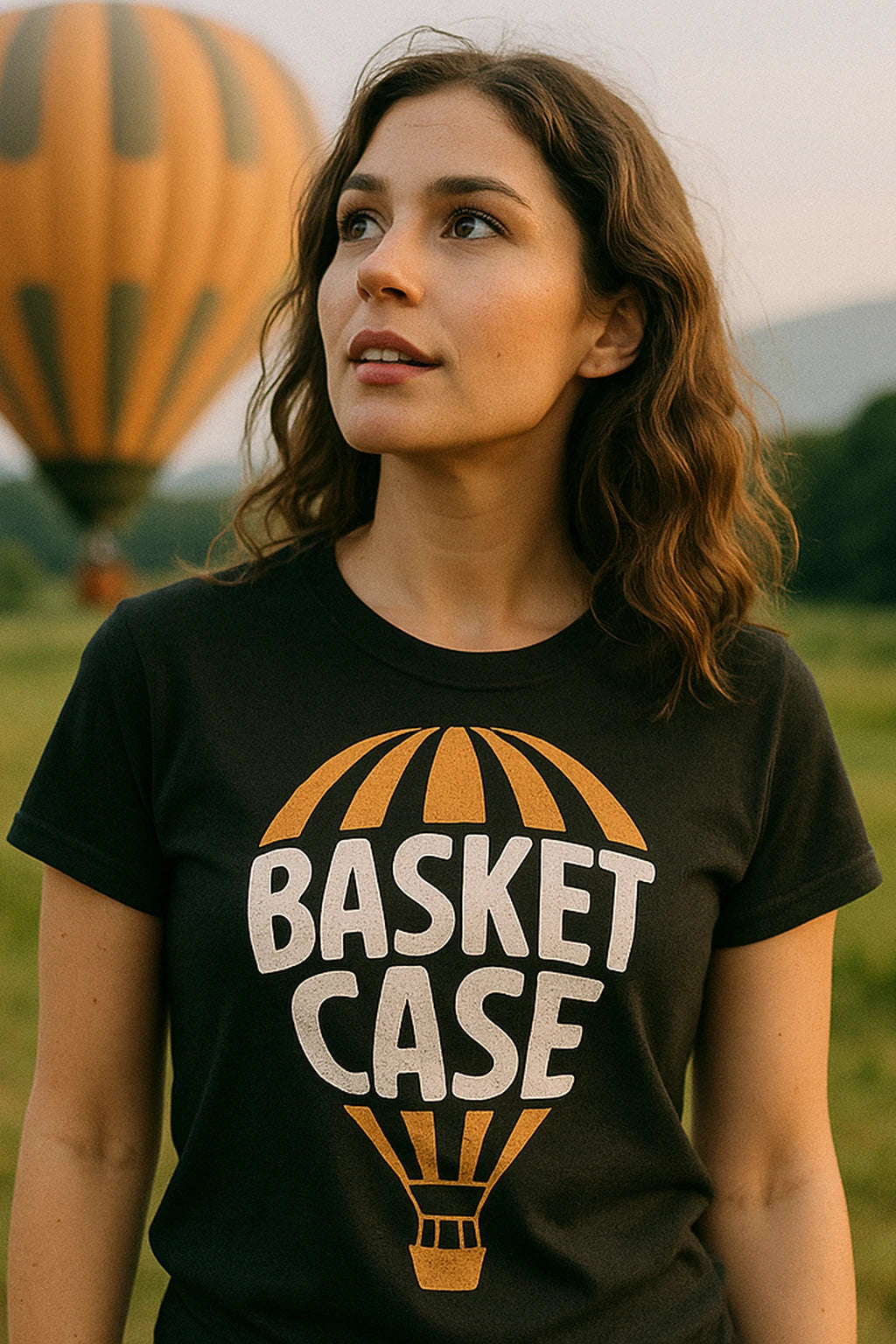 "Basket Case" black hot air balloon t shirt, photographed as hot air balloon lover gift