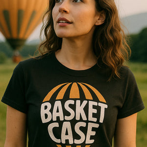 "Basket Case" black hot air balloon t shirt, photographed as hot air balloon lover gift