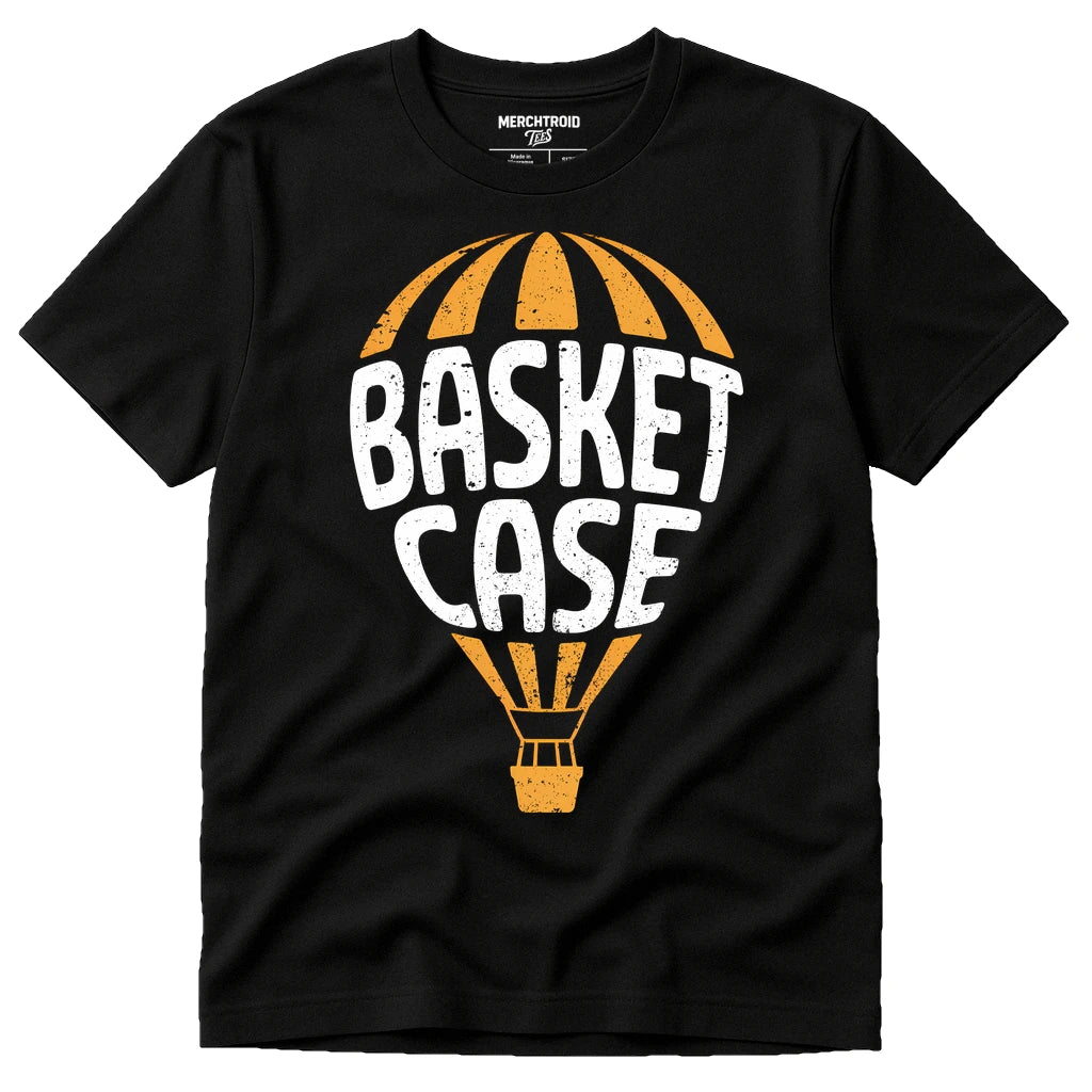 Black Hot Air Balloon T Shirt - "Basket Case" graphic tee with white print, flat lay product photo