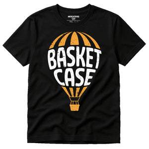 Black Hot Air Balloon T Shirt - "Basket Case" graphic tee with white print, flat lay product photo