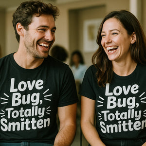 Person wearing the black relationships shirts graphic tee - "Love Bug, Totally Smitten" design
