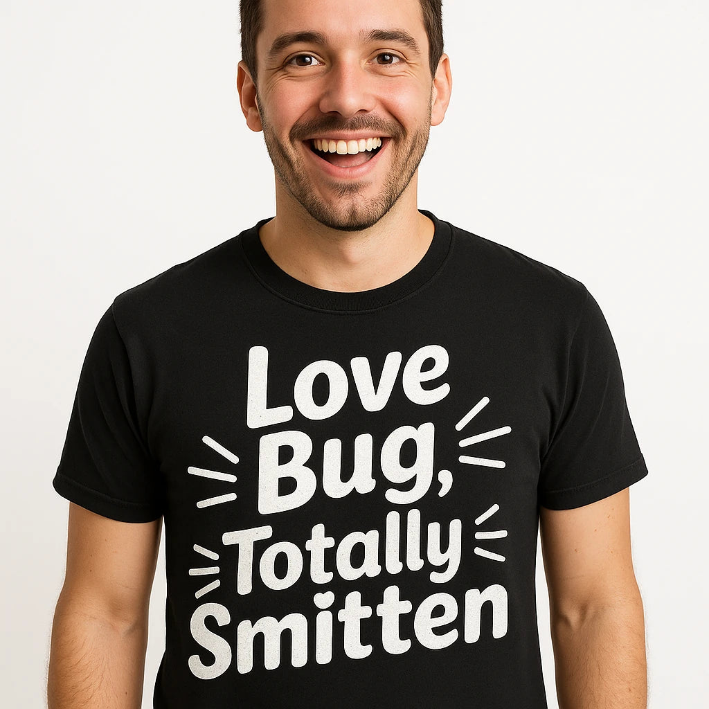 Close-up of the "Love Bug, Totally Smitten" white print on a premium Bella+Canvas black relationships shirts