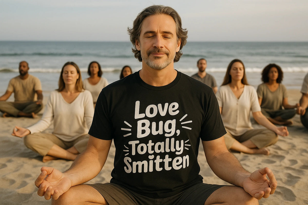 Lifestyle shot of the "Love Bug, Totally Smitten" black relationships shirts in a real-world setting