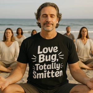 Lifestyle shot of the "Love Bug, Totally Smitten" black relationships shirts in a real-world setting