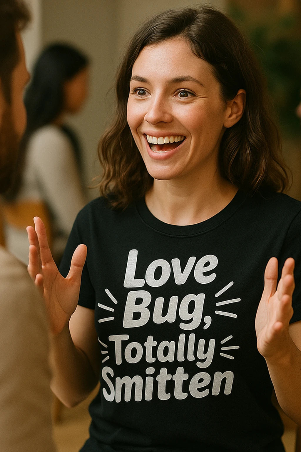 "Love Bug, Totally Smitten" black relationships shirts, photographed as relationships lover gift