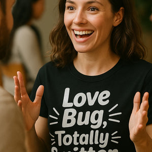 "Love Bug, Totally Smitten" black relationships shirts, photographed as relationships lover gift