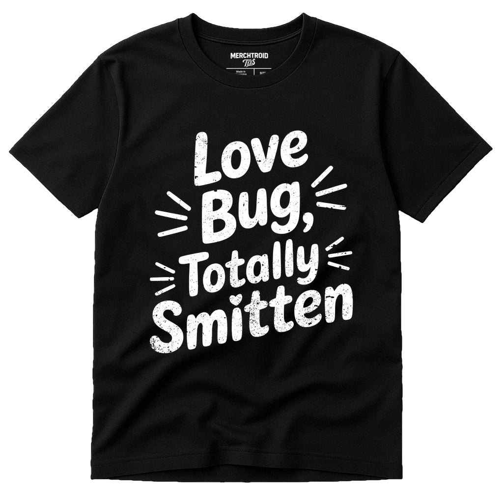 Black Relationships Shirts - "Love Bug, Totally Smitten" graphic tee with white print, flat lay product photo