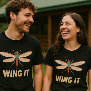 Person wearing the black mayfly t shirt graphic tee - "Wing It" design